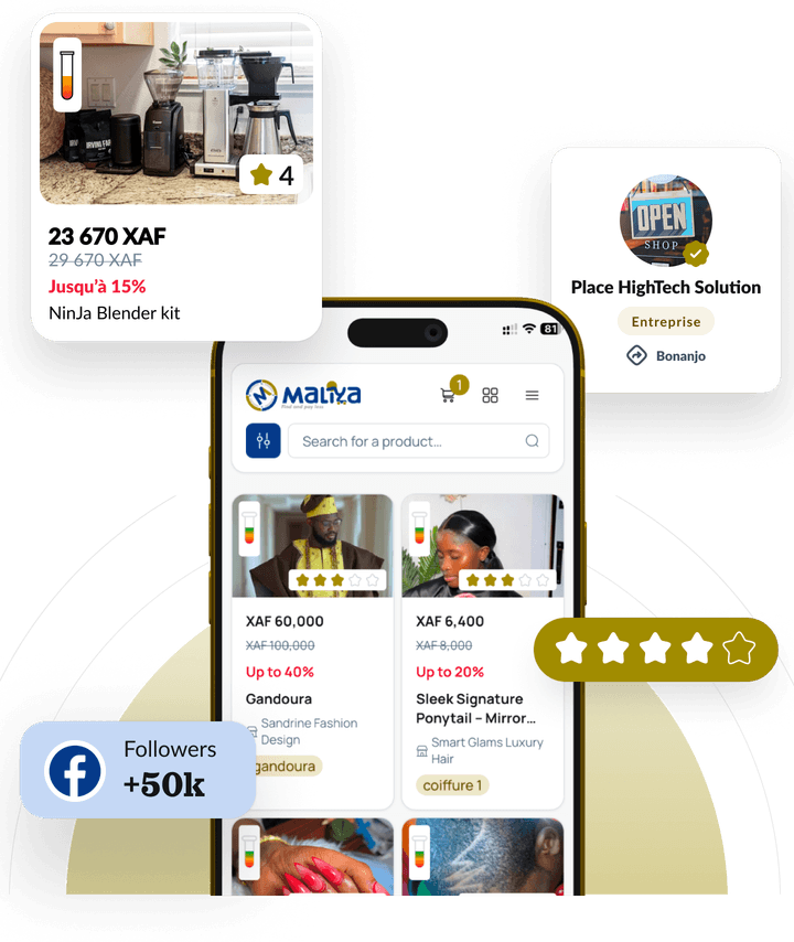 The Maliya app showing products from verified merchants, surrounded by product cards and customer ratings.