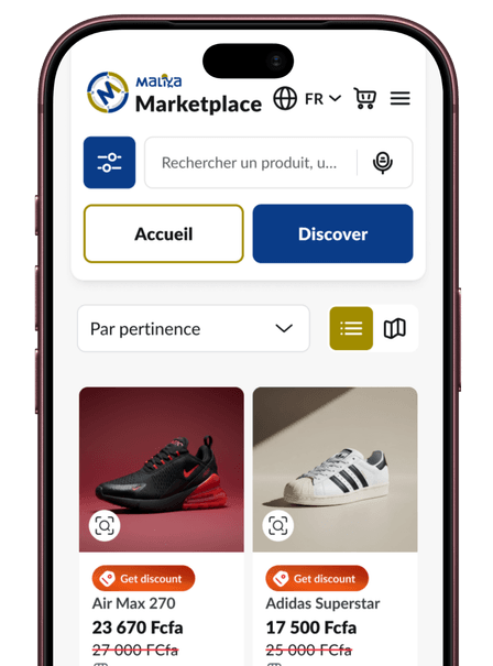 L'application Maliya affichant des produits de marchands vérifiés, entourée de fiches produits et d'avis clients.